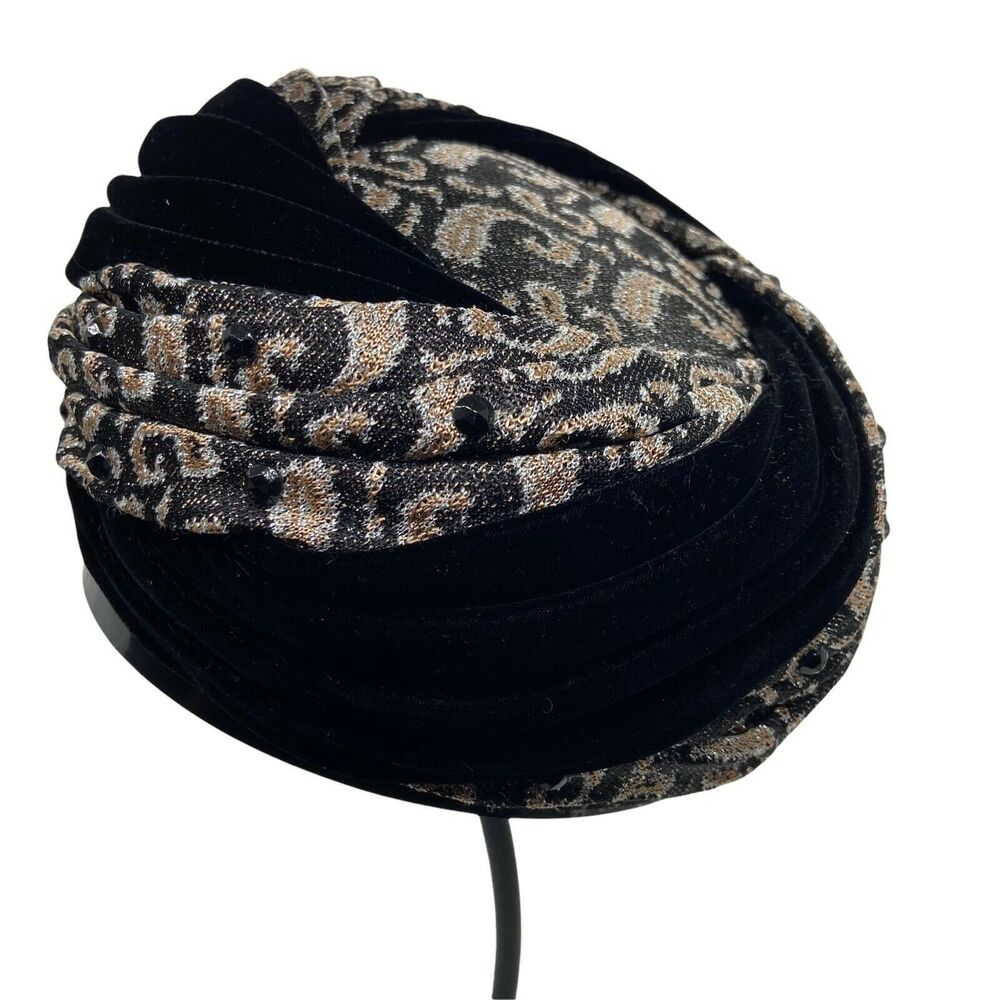 Turban Style Chapeau Hat Vintage 60s Melinda Womens Black Gold Fitted Size 6 1/2